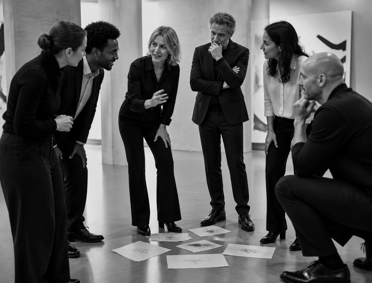 Groupe de dirigeants échangeant debout lors d'un atelier collectif