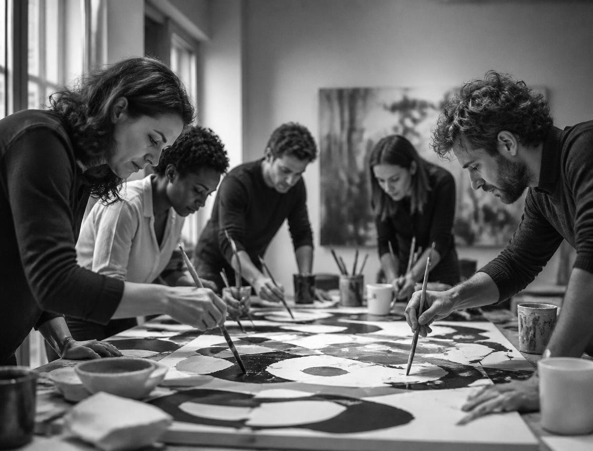 Participants réalisant ensemble une œuvre lors d'un atelier créatif